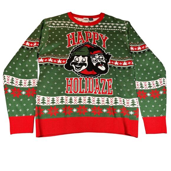 Cheech and Chong Sweater Mens Medium Green Red Holiday Ugly Christmas Festive - Picture 1 of 12